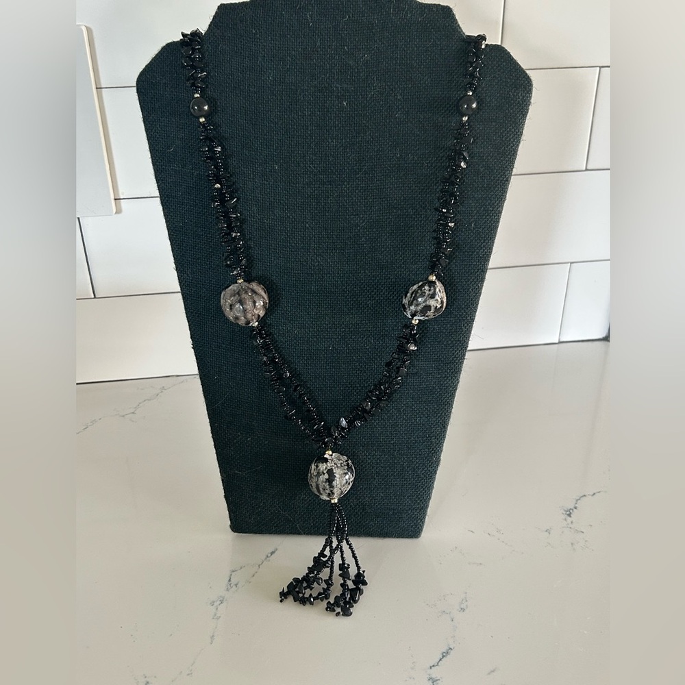 Black & Gray Beaded Tassel Necklace
